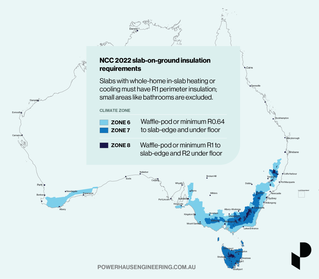 Map of Australia highlighting climate zones 6, 7 and 8 where underslab insulation is required unless a waffle-pod is used.