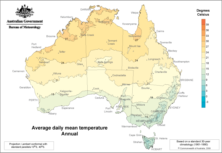 Image of map of Australia showing average mean temperature bands, for calculating requirement to use underslab insulation