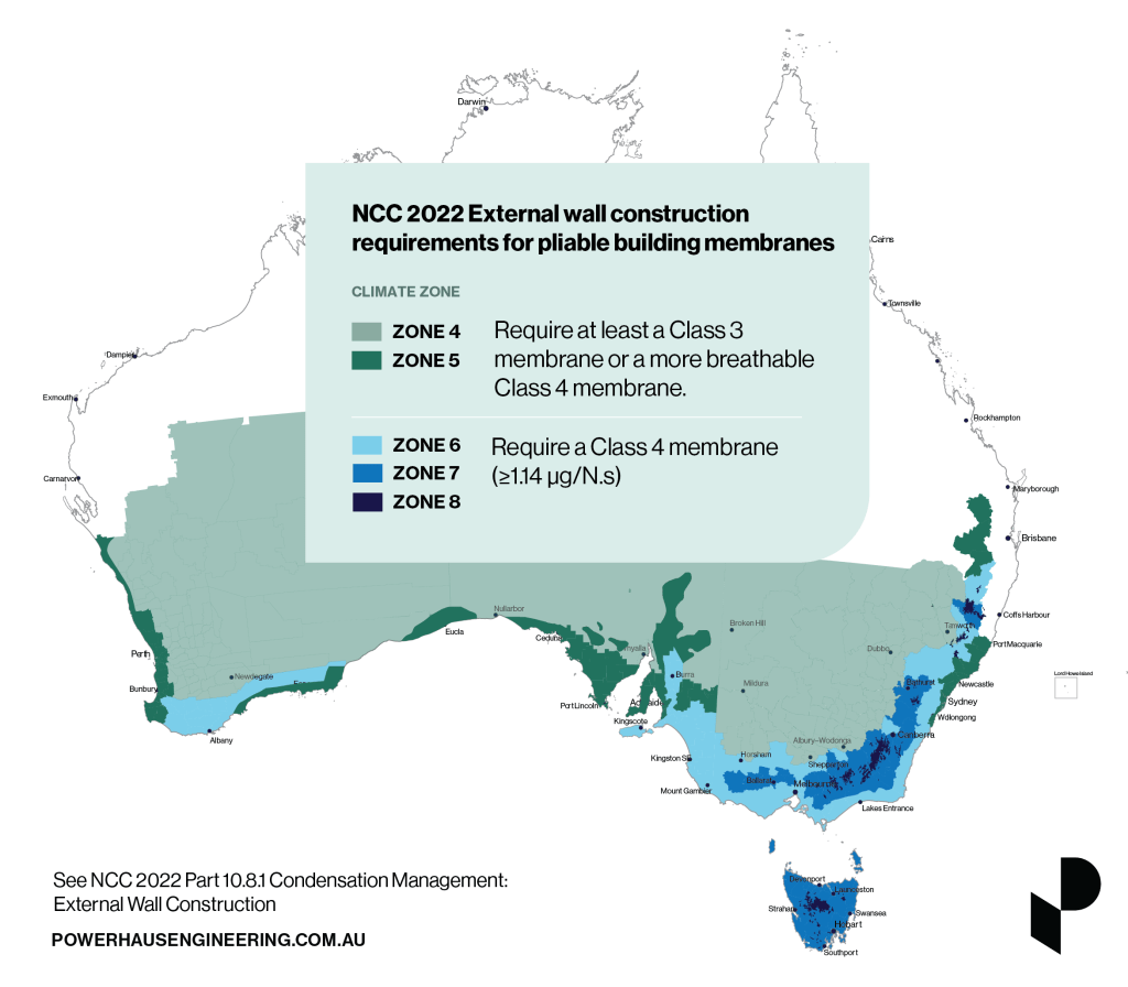 Image shows a map of Australia with climate zones 6-8 marked in blue and climate zones 4-5 in green. The text states that climate zones in blue require a class 4 membrane, and climate zones in green require a class 3 membrane or higher.