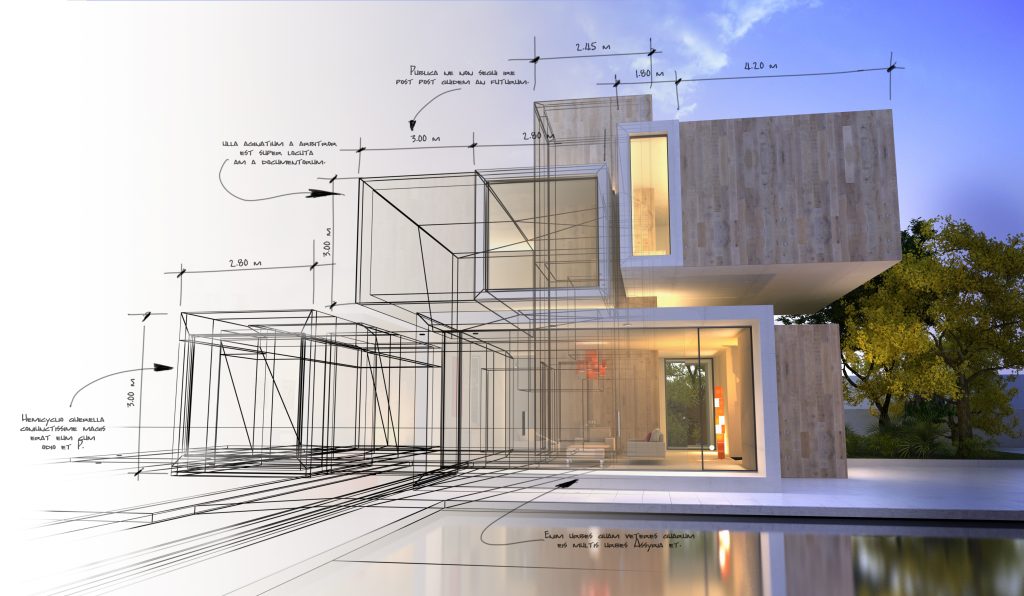 Image of sustainable house sketch transforming into a built luxury home.