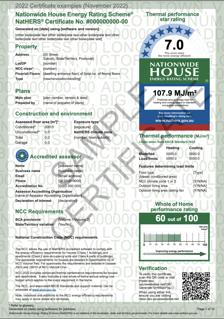 Image of a sample NatHERS assessment certificate, showing the star rating as 7 and a whole of home score.