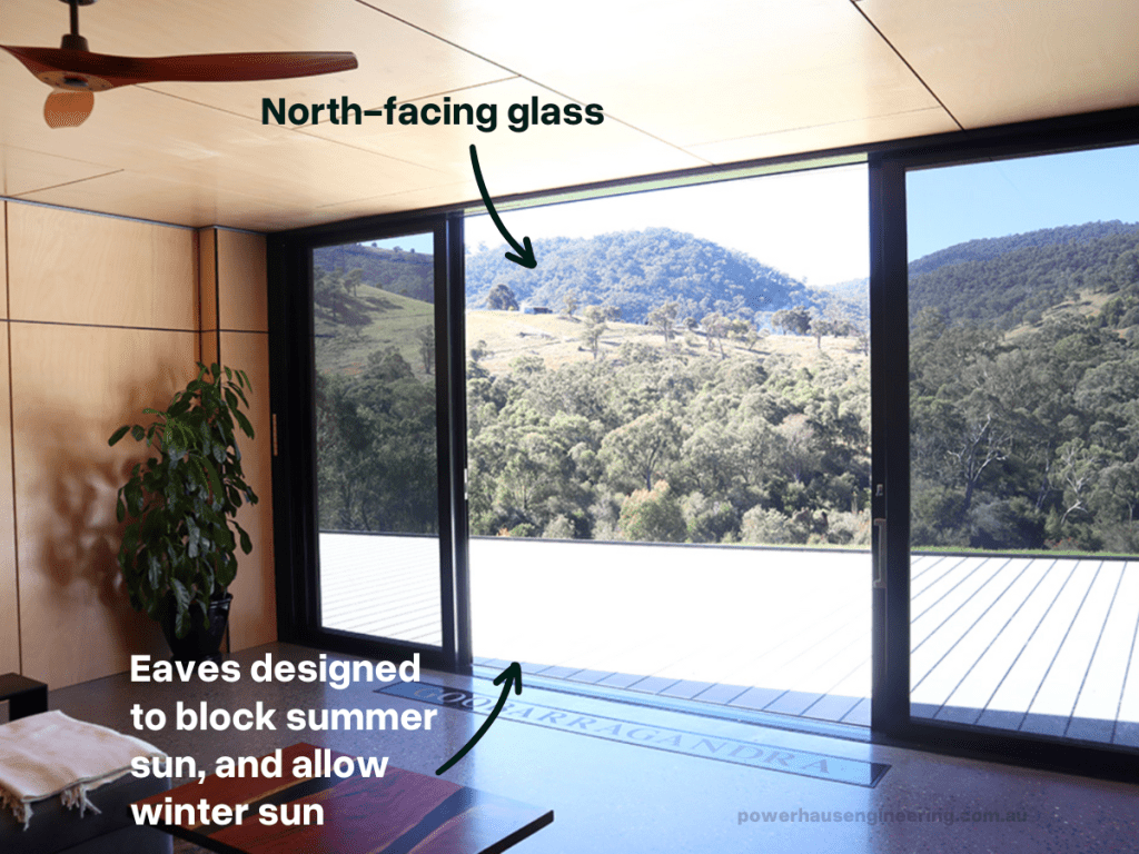 Image shows a north facing window with eave correctly sized to prevent summer sun.