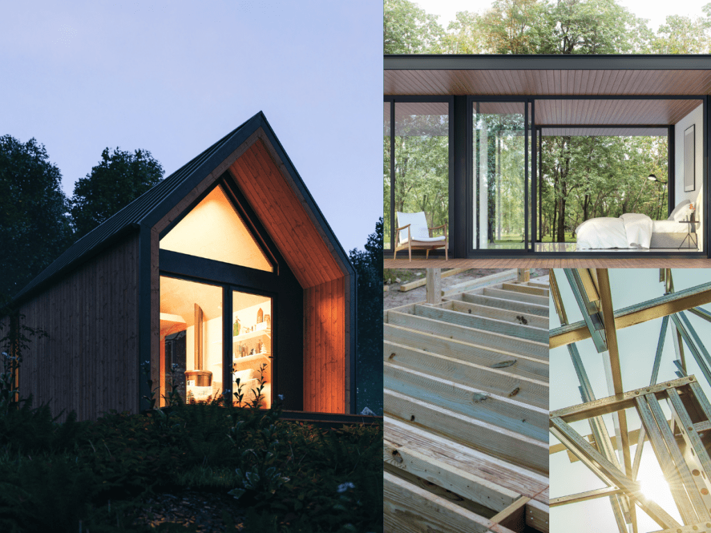 Image shows a small tiny home, a bedroom with full glass walls on two sides, a timber floor construction and an artistic picture of a steel frame for a house.