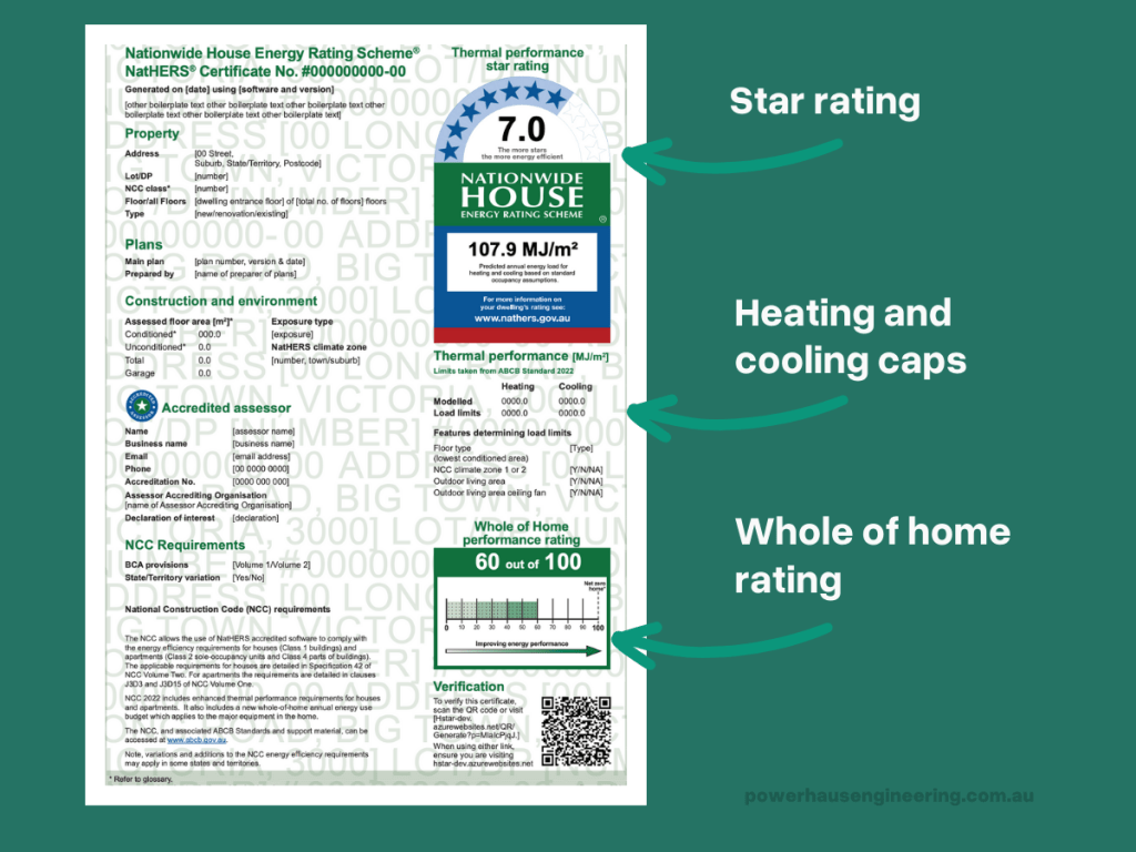 Nathers 7 star rating certificate showing the star rating, heating and cooling limits and the whole of home rating section.