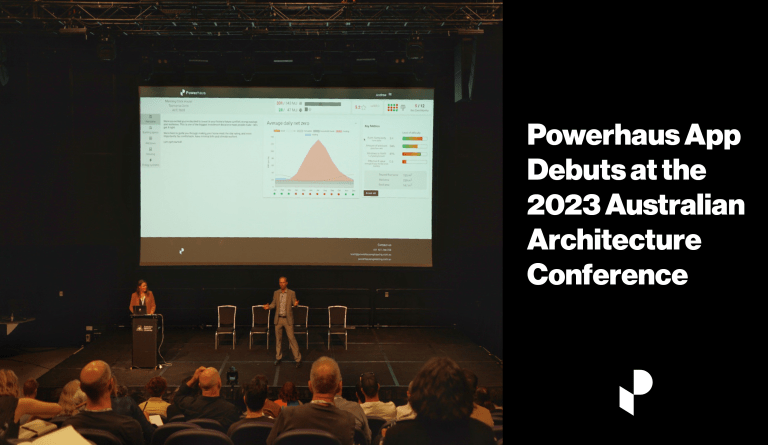 Image of a lecture hall at the 2023 Australian Architecture Conference with the Powerhaus app on a slide and Andrew Pickard speaking.