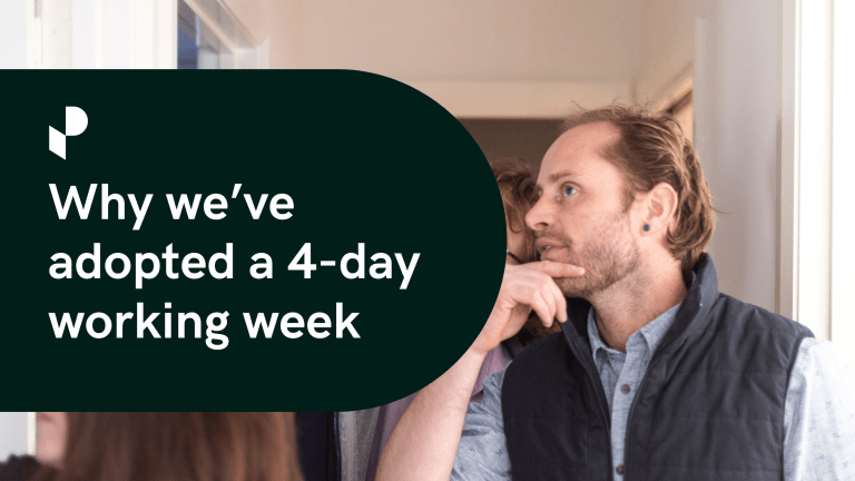 Image shows a Powerhaus employee in thinking pose with the text 'why we've adopted a 4 day working week'
